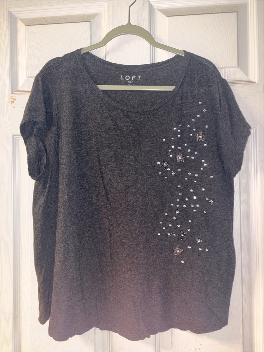 LOFT Dark Gray Short-Sleeve Tee with Star Rhinestone Detail